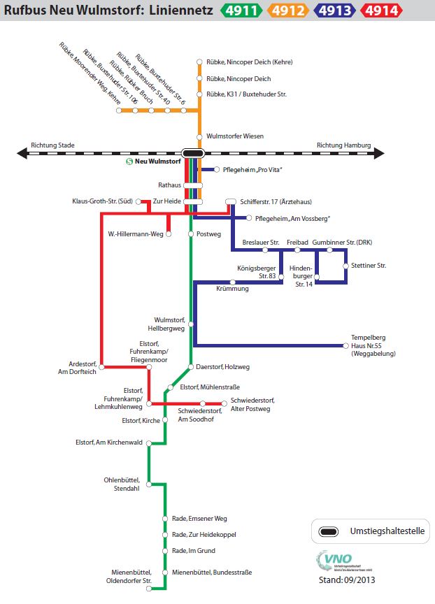 Karte mit dem Streckennetz der Buslinie des Rufbus Neu Wulmstorf
